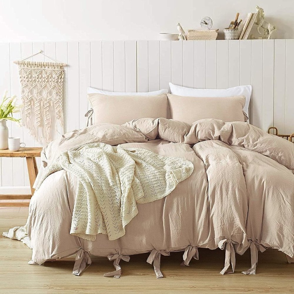 KHAKI Duvet Cover Queen Size NWT Soft Comforter Cover with Boho Bowknot Bow Tie